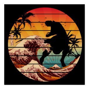 FUNNY DINOSAUR WAVE KANAGAWA VINTAG POSTER