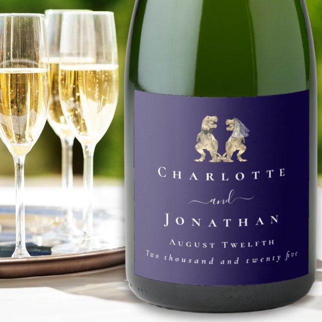 Funny Dinosaur Wedding Navy Blue & White Custom (Dinosaur wedding funny T-Rex bride & groom elegant Modern script custom navy blue & white wine label)