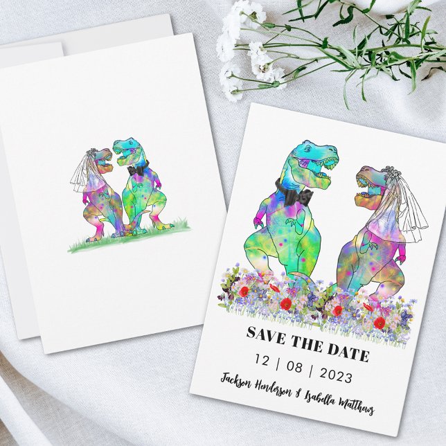Funny Dinosaur Wedding Save The Date (T-Rex bride and groom colorful wildflower meadow funny wedding save the date invitation )