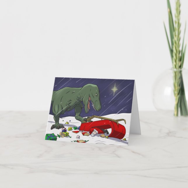Funny Dinosaur Weihnachtskarte, T-Rex trifft Santa Karte (Vorderseite)