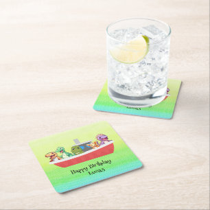 Funny dinosaur Yacht Birthday Party DIY Name Rechteckiger Pappuntersetzer