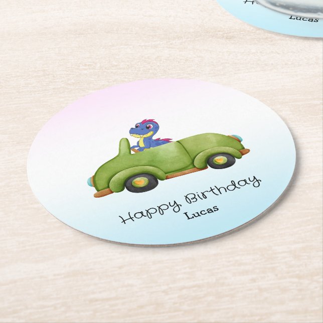 Funny Dinosaurier antikes Auto B2S Kindergeburtsta Runder Pappuntersetzer (Angewinkelt)