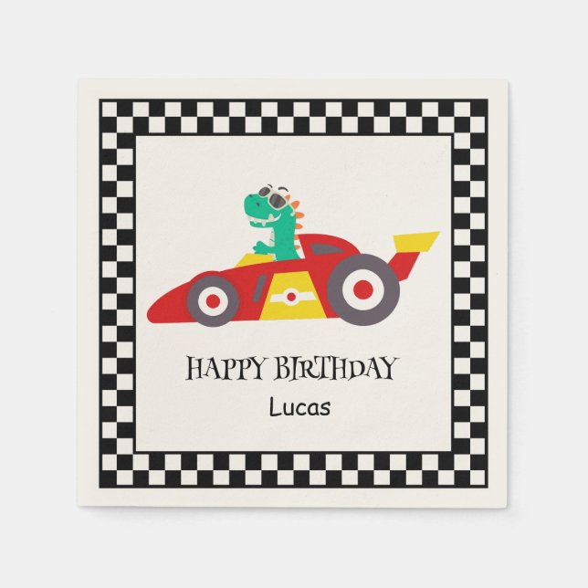 Funny Dinosaurier Birthday Rennwagenjunge Kinder N Serviette (Vorderseite)