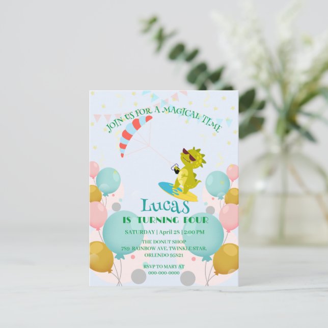 Funny Dinosaurier Paraglider Board Geburtstagspart Postkarte (Stehend Vorderseite)