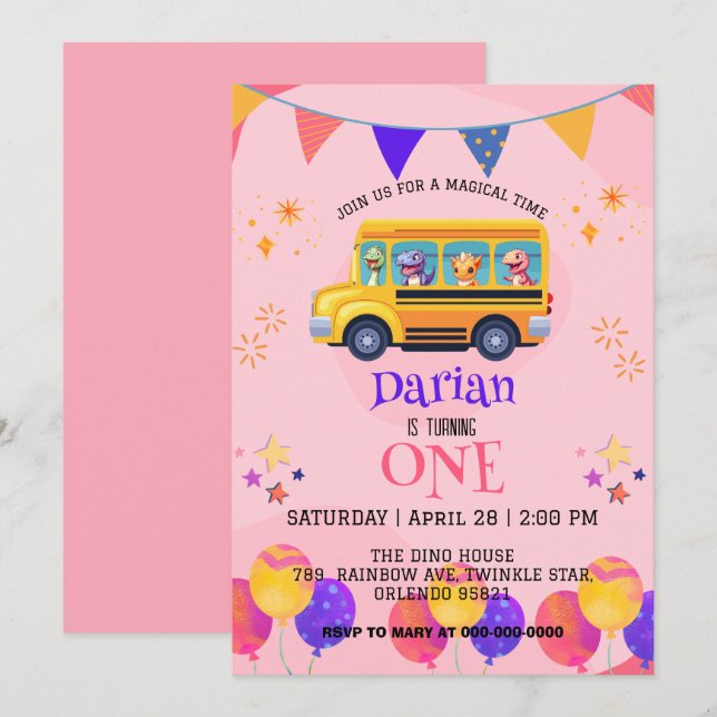 Funny dinosaurier Zurück zu Schulbus Mädchen Gebur Save The Date (Vorne/Hinten)