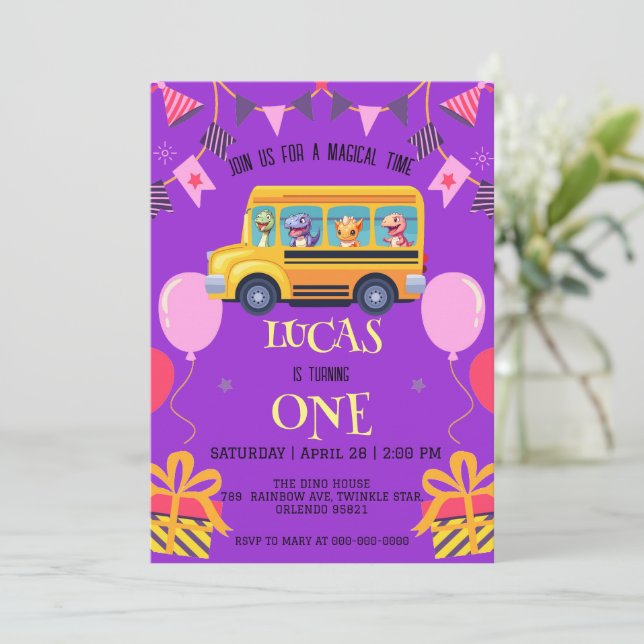 Funny Dinosaurier zurück zum Schulbus Junge Geburt Save The Date (Stehend Vorderseite)