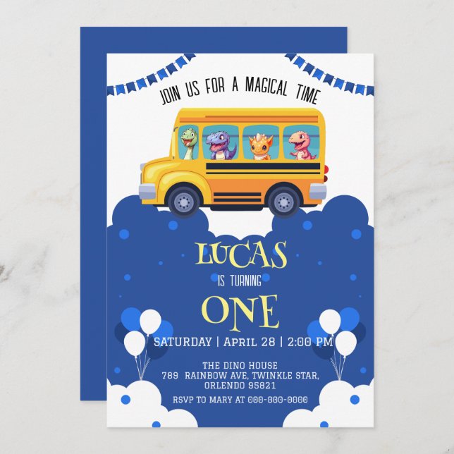 Funny Dinosaurier zurück zum Schulbus Junge Geburt Save The Date (Vorne/Hinten)