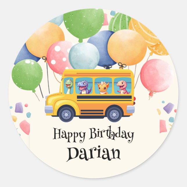 Funny dinosaurier Zurück zur Schule Bus Ballon Geb Runder Aufkleber (Vorderseite)