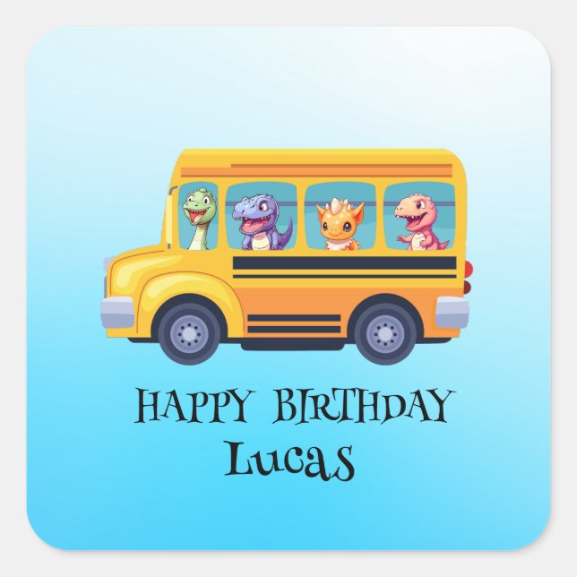 Funny dinosaurier Zurück zur Schule Bus Junge Gebu Quadratischer Aufkleber (Vorderseite)