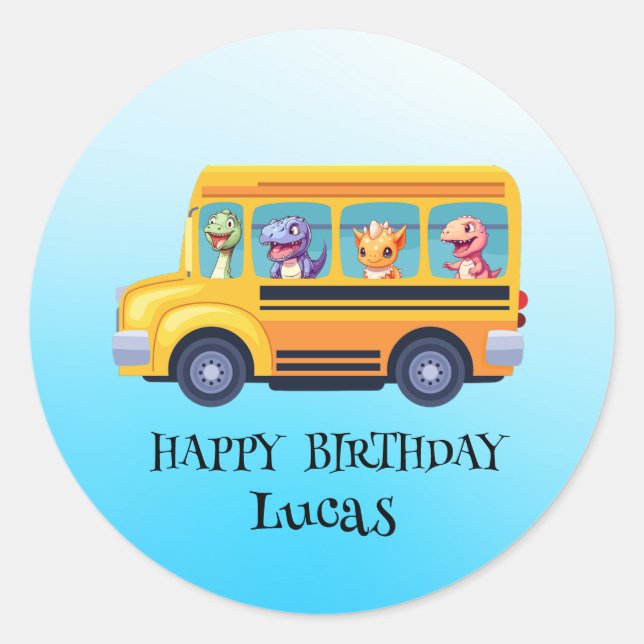 Funny dinosaurier Zurück zur Schule Bus Junge Gebu Runder Aufkleber (Vorderseite)