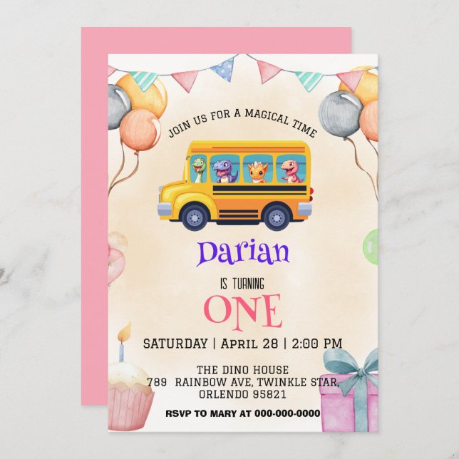 Funny Dinosaurier Zurück zur Schule Bus Kuchen Geb Save The Date (Vorne/Hinten)