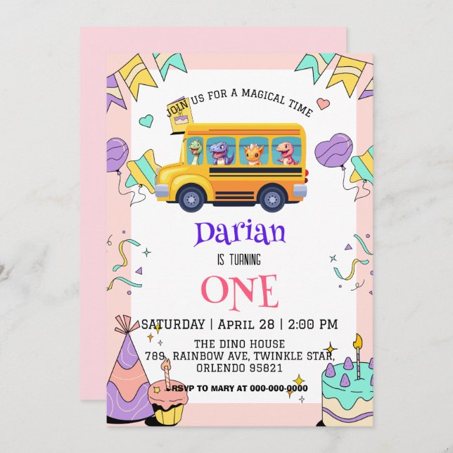 Funny Dinosaurier Zurück zur Schule Bus Kuchen Geb Save The Date (Vorne/Hinten)