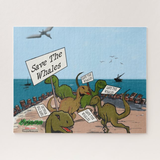 Funny Dinosaurs Protest "Rett the Whales" Cartoon Puzzle (Horizontal)