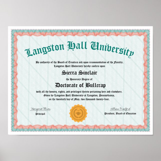 Funny Diploma, Doctorette of Bullcrap, Gag Gift Poster (Vorne)