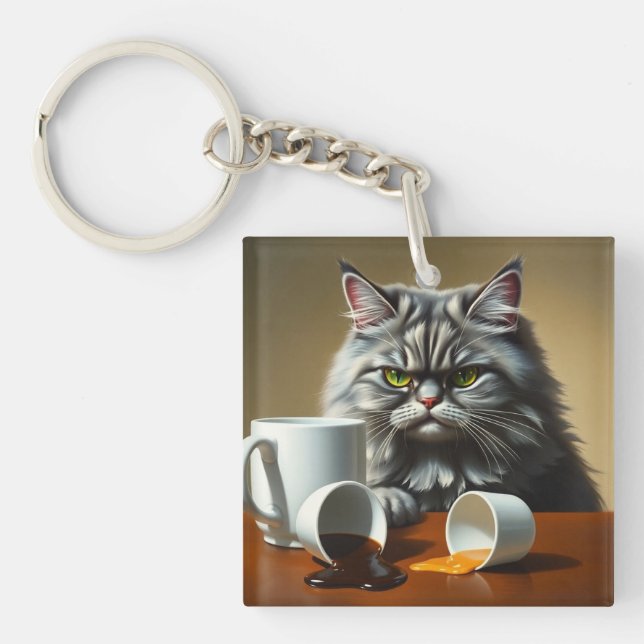 Funny Disappointed Cat With Coffee Mug Schlüsselanhänger (Vorderseite)