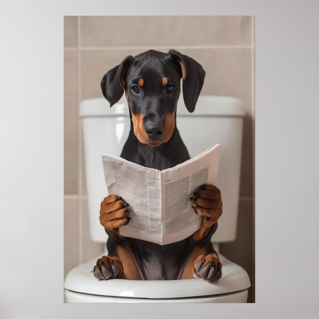 Funny Doberman Bathroom Print, Reading Newspaper Poster (Vorne)