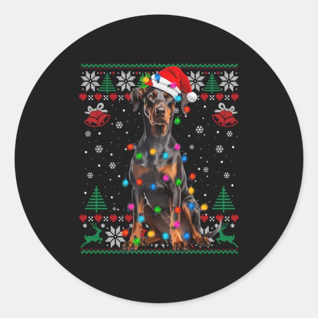 Funny Doberman Christmas Santa Hat Dog Ugly Sweate Runder Aufkleber (Vorderseite)