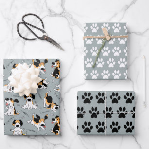 Funny Dog and Paw Prints Wrapping Paper Set 3 Geschenkpapier Set
