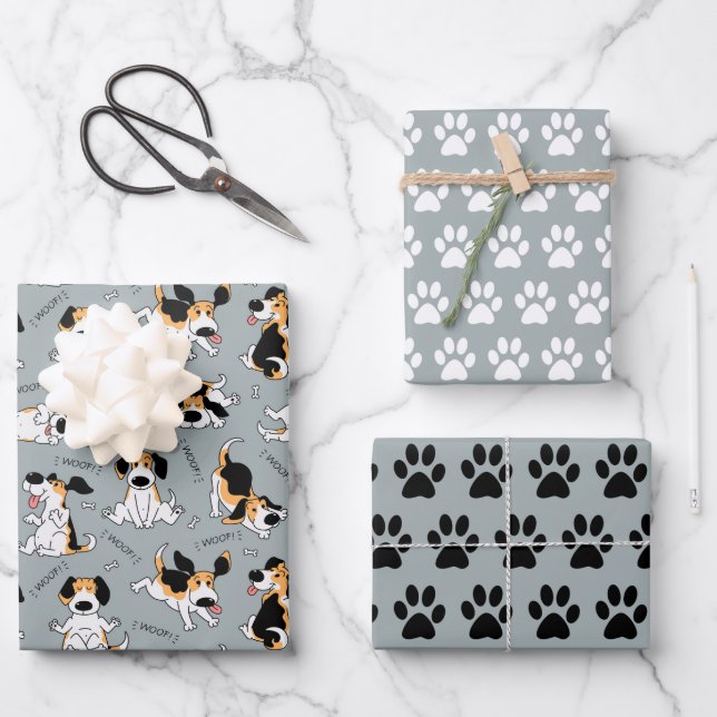 Funny Dog and Paw Prints Wrapping Paper Set 3 Geschenkpapier Set (Vorderseite)
