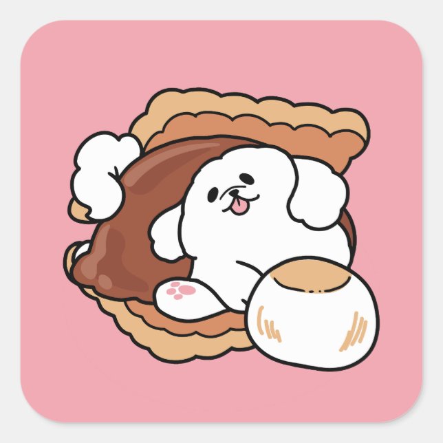 Funny Dog and S’more Design – Kawaii Pet Lover Pun Quadratischer Aufkleber (Vorderseite)