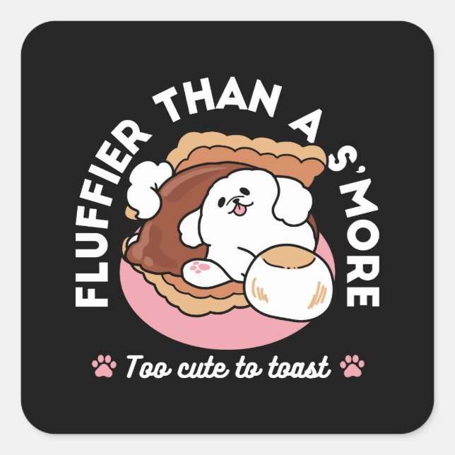 Funny Dog and S’more Design – Kawaii Pet Lover Pun Quadratischer Aufkleber (Vorderseite)