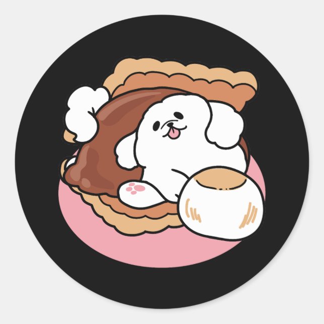 Funny Dog and S’more Design – Kawaii Pet Lover Pun Runder Aufkleber (Vorderseite)