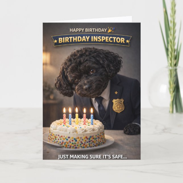 Funny Dog Birthday Card Cake Inspector Cockapoo Karte (Vorderseite)