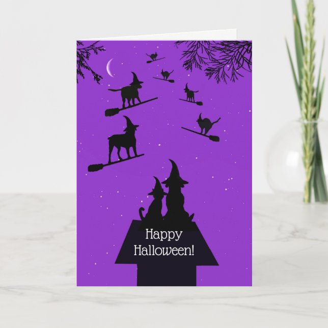 Funny Dog Cat Hexen Happy Halloween Hundehaus Karte (Vorderseite)