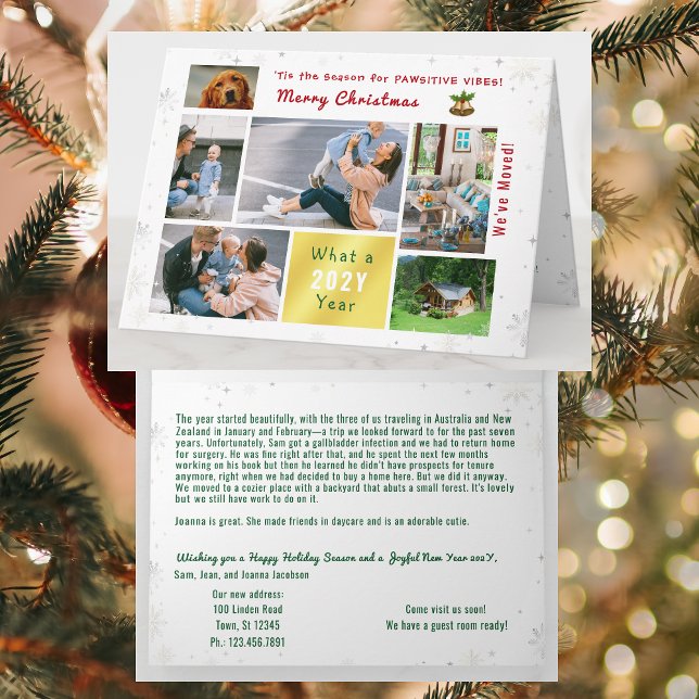 Funny Dog Cat Wir haben neue Zuhause 6 Fotos versc Karte (Modern, elegant, funny Xmas card. Dog photo. We've Moved. 6 Photos. Peace, Love, Joy. Snowflakes)