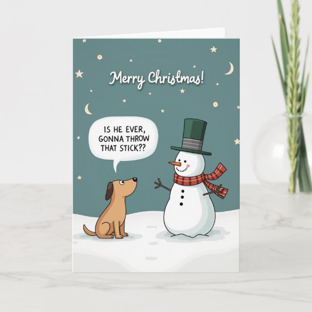 Funny Dog Christmas Card Snowman Stick Fetch Joke Karte (Vorderseite)