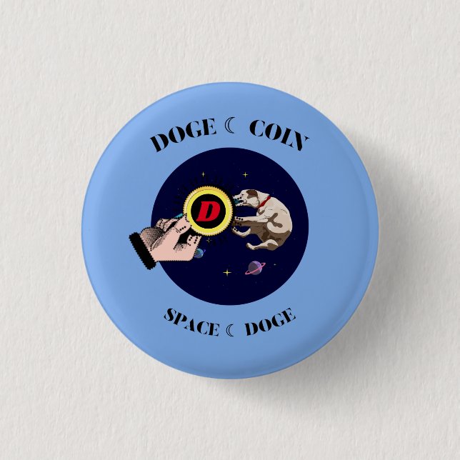 Funny Dog fängt Dogecoin im Weltraum Button (Vorderseite)