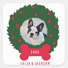 Funny Dog Lover Weihnachtskranz mit Hund-Foto Quadratischer Aufkleber