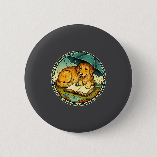 Funny Dog Reading Book Rain Cozy Umbrella Cute Art Button (Vorderseite)