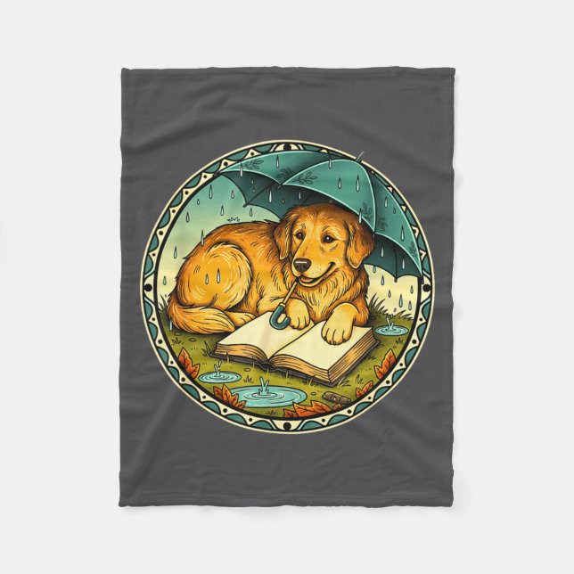 Funny Dog Reading Book Rain Cozy Umbrella Cute Art Fleecedecke (Vorderseite)