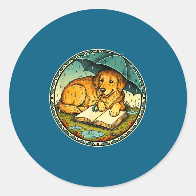 Funny Dog Reading Book Rain Cozy Umbrella Cute Art Runder Aufkleber (Vorderseite)