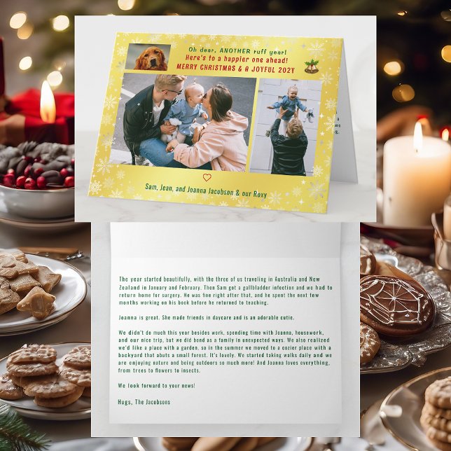 Funny Dog Ruff Jahr 3 Fotos Merry Xmas Golden Karte (Cute Funny Modern Oh Dear Ruff Year Dog Snow Merry Christmas Joyful New Year 3 Photos Letter Golden)