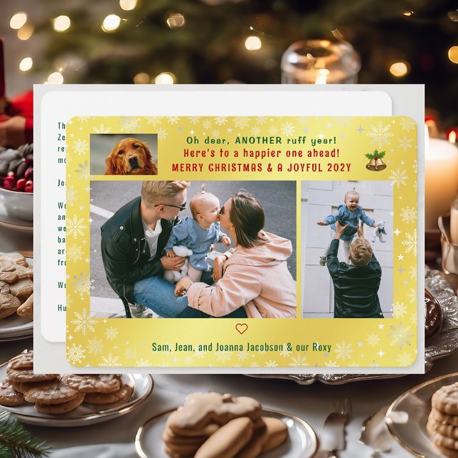 Funny Dog Ruff Jahr Fotos Frohe Weihnachten Golden (Cute Funny Modern Oh Dear Ruff Year Dog Snow Merry Christmas Joyful New Year 3 Photos Letter Golden)
