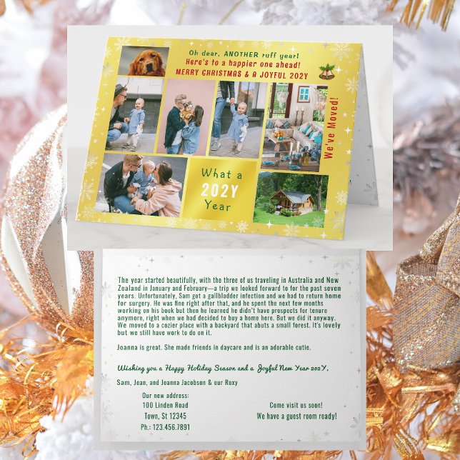 Funny Dog Ruff Jahr Wir haben 7 Fotos Golden Karte (Funny dog Ruff year Christmas card. 7 Photos. Peace, love, joy. We've Moved. Elegant, golden. Snow)