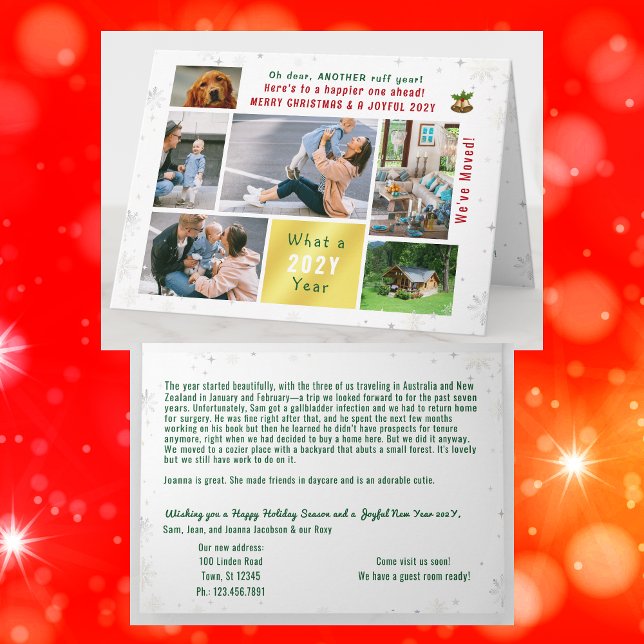 Funny Dog Ruff Jahr Wir haben neue Zuhause 6 Fotos Karte (Funny dog Ruff year Christmas card. 6 Photos. Peace, love, joy. We've Moved. Elegant, modern. Snow)