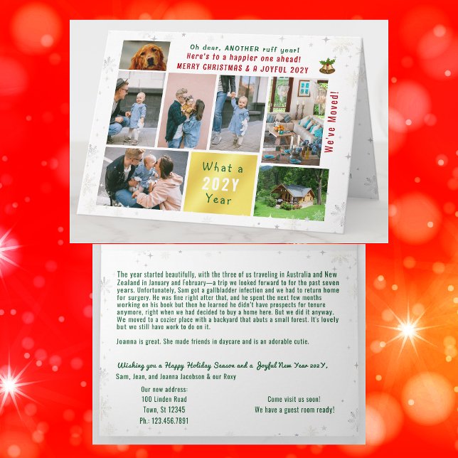 Funny Dog Ruff Jahr Wir haben neue Zuhause 7 Fotos Karte (Funny dog Ruff year Christmas card. 7 Photos. Peace, love, joy. We've Moved. Elegant, modern. Snow)