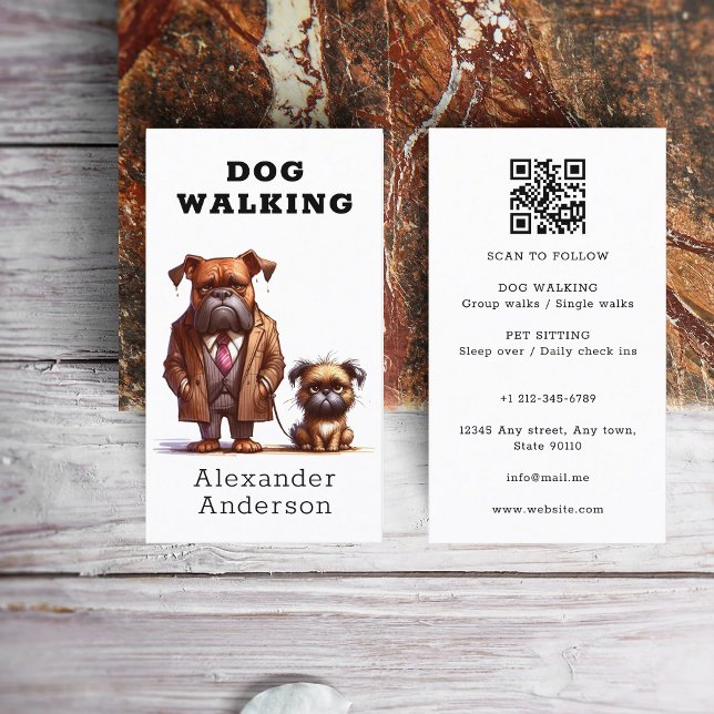 Funny Dog Walker Walking Pet Sitzen QR Code Visitenkarte (Funny Dog Walker Walking Pet Sitting QR Code Business Card)