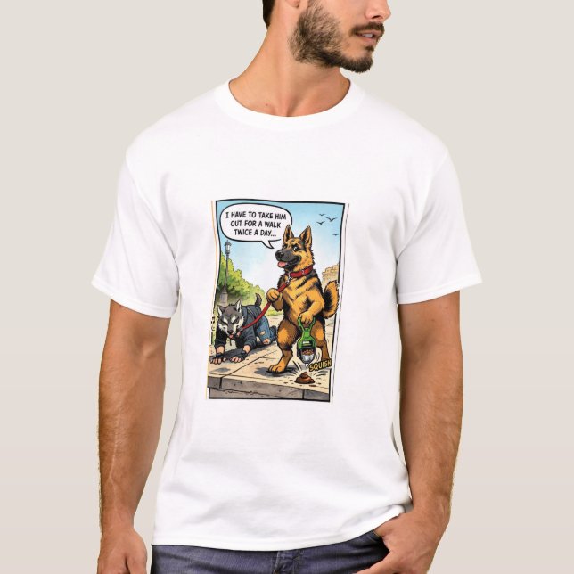 Funny Dog Walking Human Comic Graphic T-Shirt (Vorderseite)