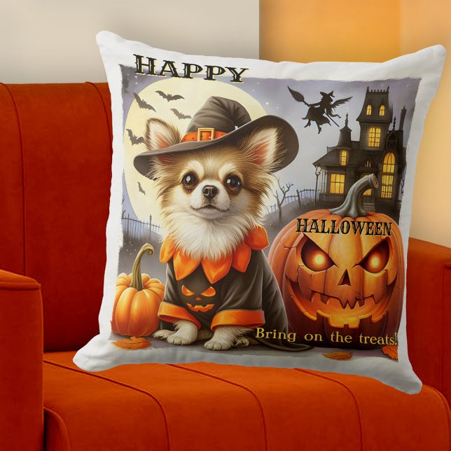 Funny Dog with Pumpkins Halloween Treats Kissen (Colorful artistic pillow featuring a funny dog dressed up for Halloween, surrounded by pumpkins)
