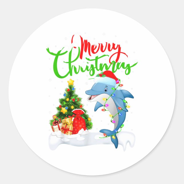 Funny Dolphin Fish Lover Xmas Lighting Dolphin Chr Runder Aufkleber (Vorderseite)