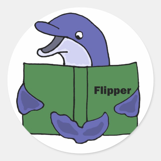 Funny Dolphin Reading Book Cartoon Runder Aufkleber (Vorderseite)