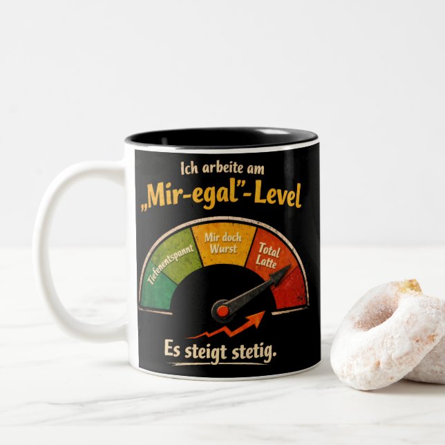 Funny "Don’t Care" Meter – German Humor Zweifarbige Tasse (Mit Donut)