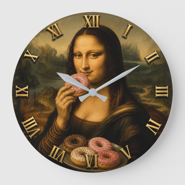 Funny Donut Mona Lisa Große Wanduhr (Vorderseite)