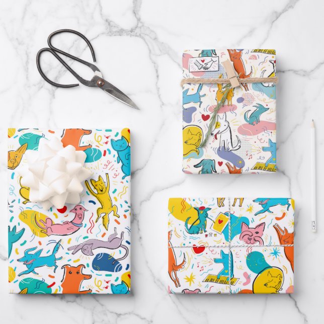 Funny Doodled Hunde Katzen Wrapping Paper Set von  Geschenkpapier Set (Vorderseite)