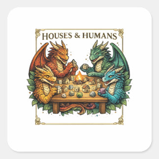 Funny Dragon Houses and Humans Fantasy Art Quadratischer Aufkleber