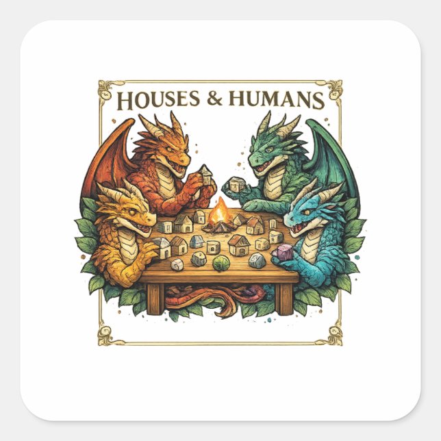 Funny Dragon Houses and Humans Fantasy Art Quadratischer Aufkleber (Vorderseite)
